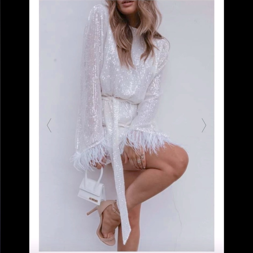Pretty Lavish White Sequin Dress with feather sleeves